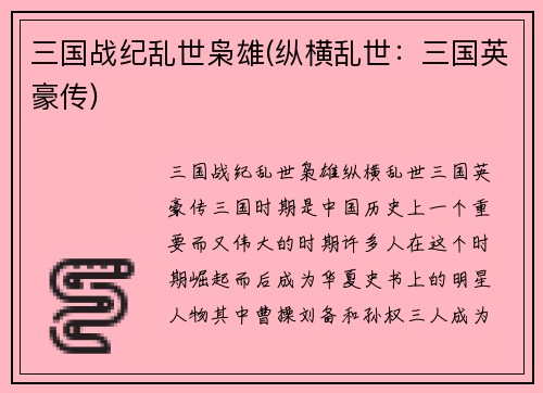 三国战纪乱世枭雄(纵横乱世：三国英豪传)